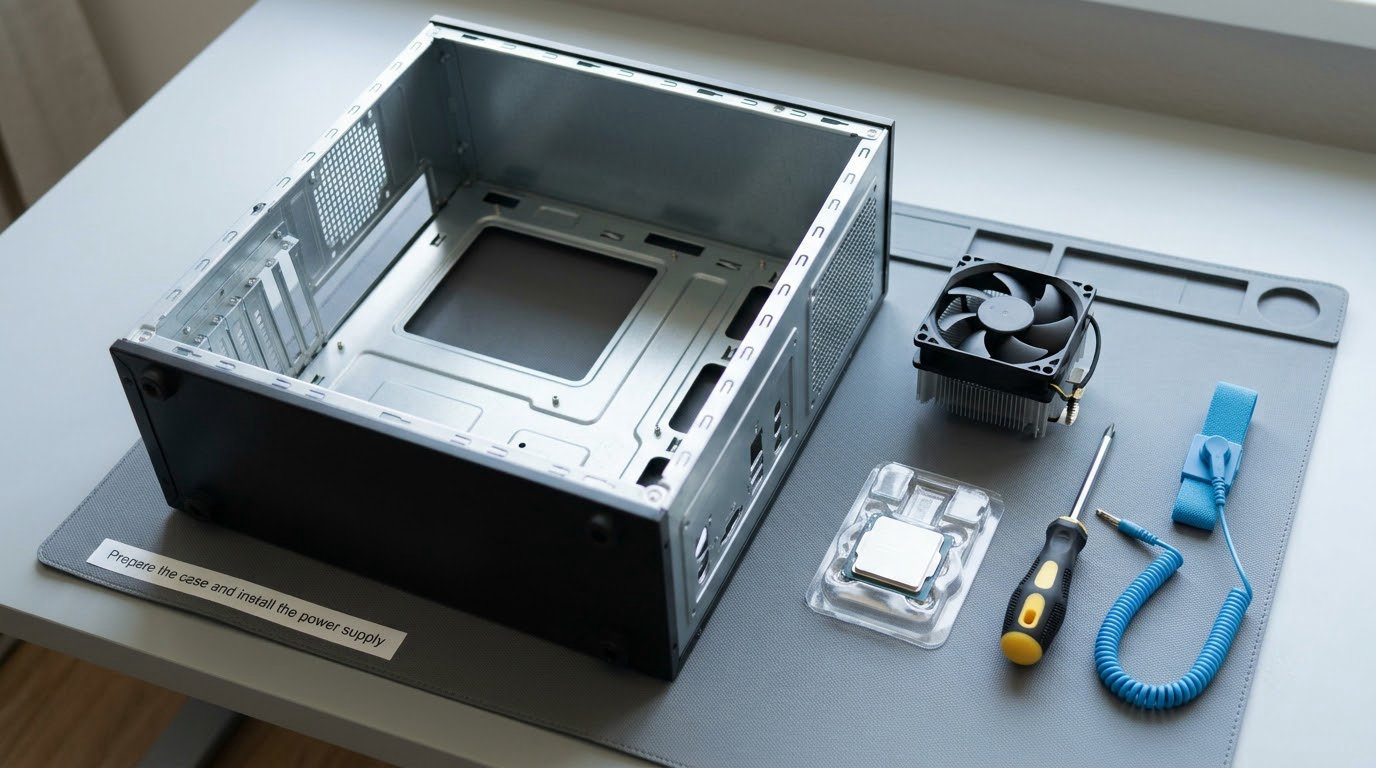 Prepare the case and install the power supply