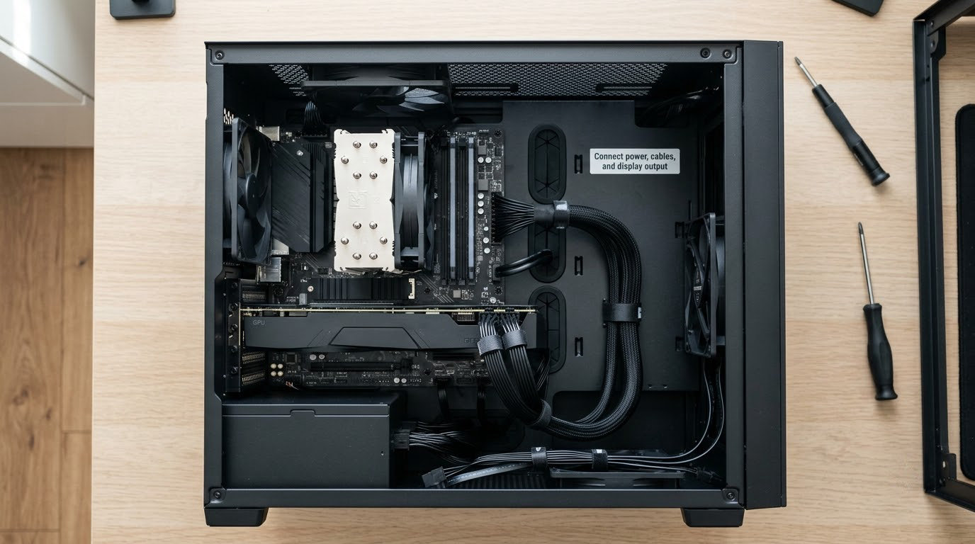 Connect power, cables, and display output
