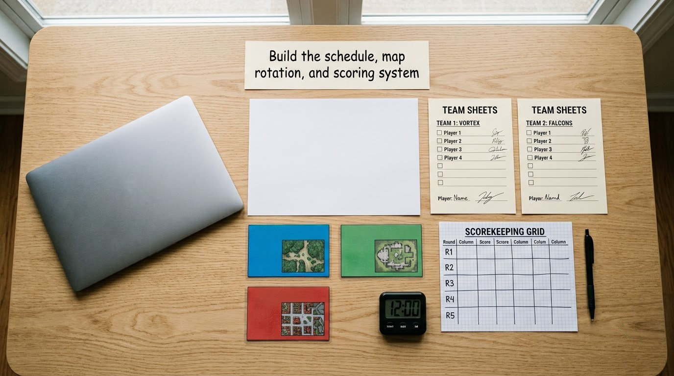 Build the schedule, map rotation, and scoring system